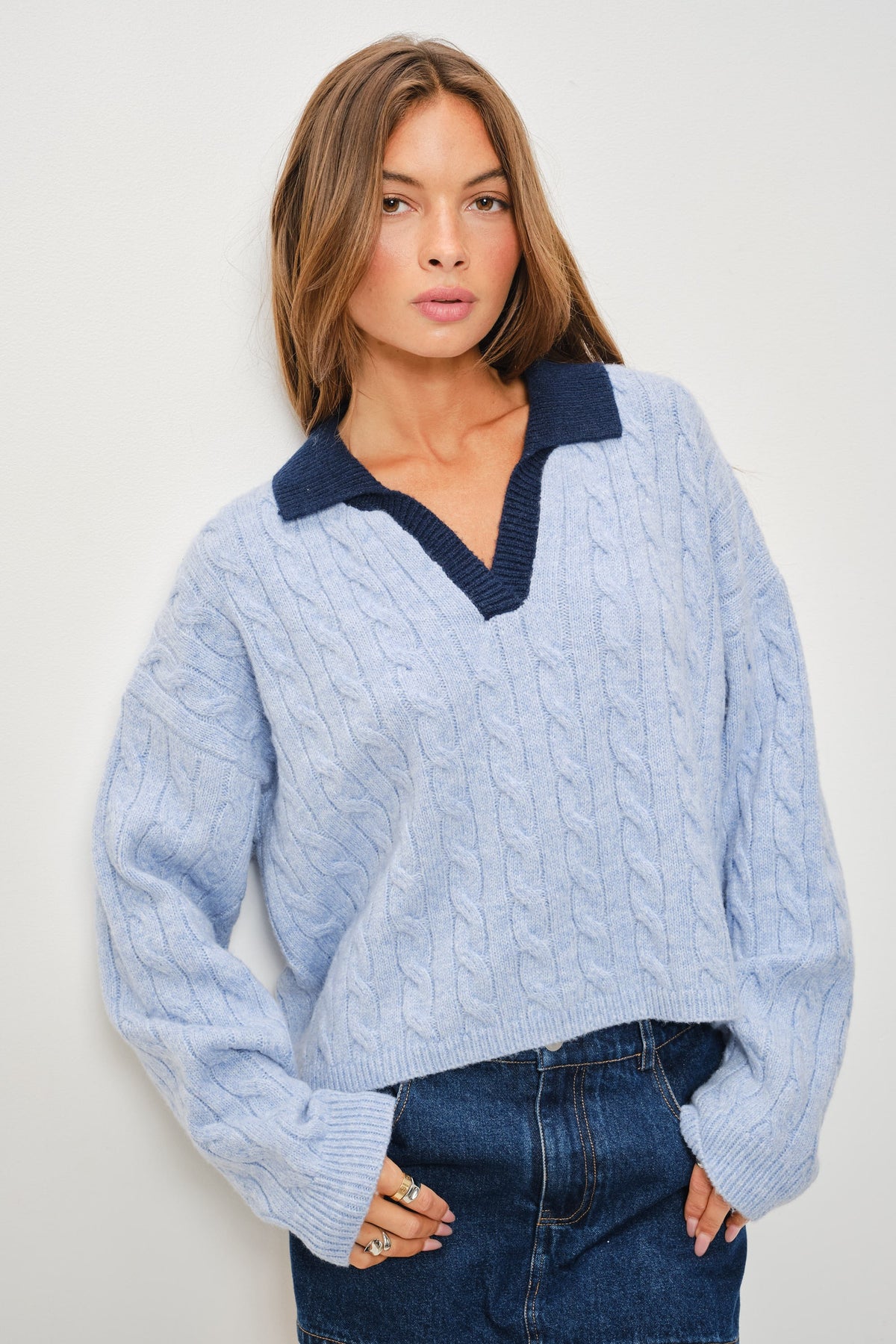 Powder Blue Cable Knit Collar Jumper