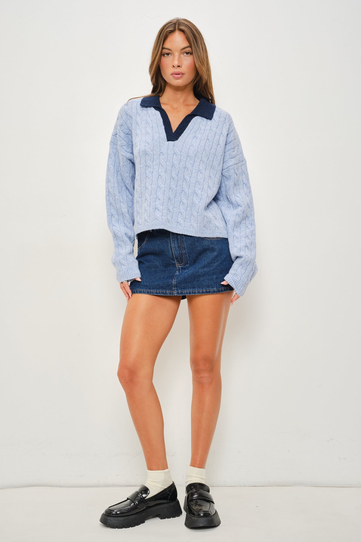 Powder Blue Cable Knit Collar Jumper
