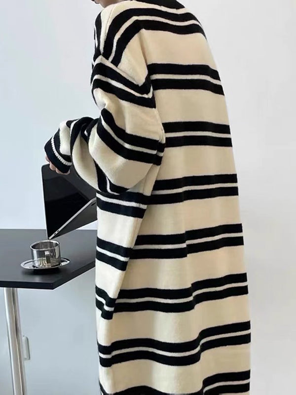 Urban Loose Long Sleeves Striped Round-Neck Midi Dresses by migunica