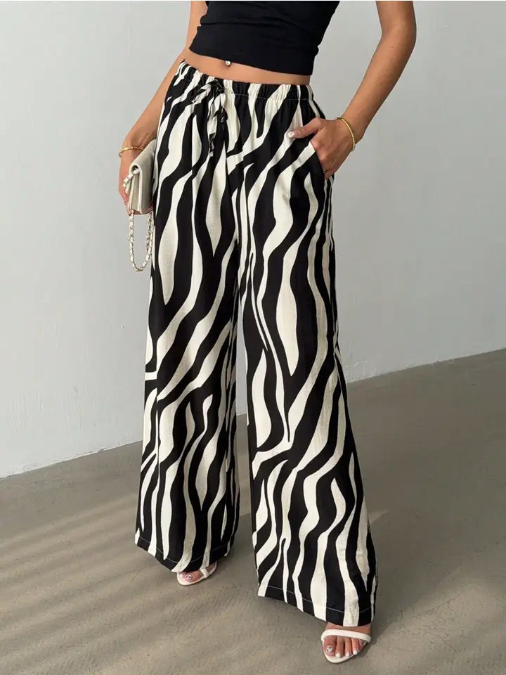 Zebra Print Drawstring Wide Leg Pants