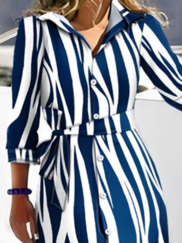 High Waisted Long Sleeves Buttoned Tied Waist Zebra Printed V-Neck Maxi Dresses Shirt Dress by migunica