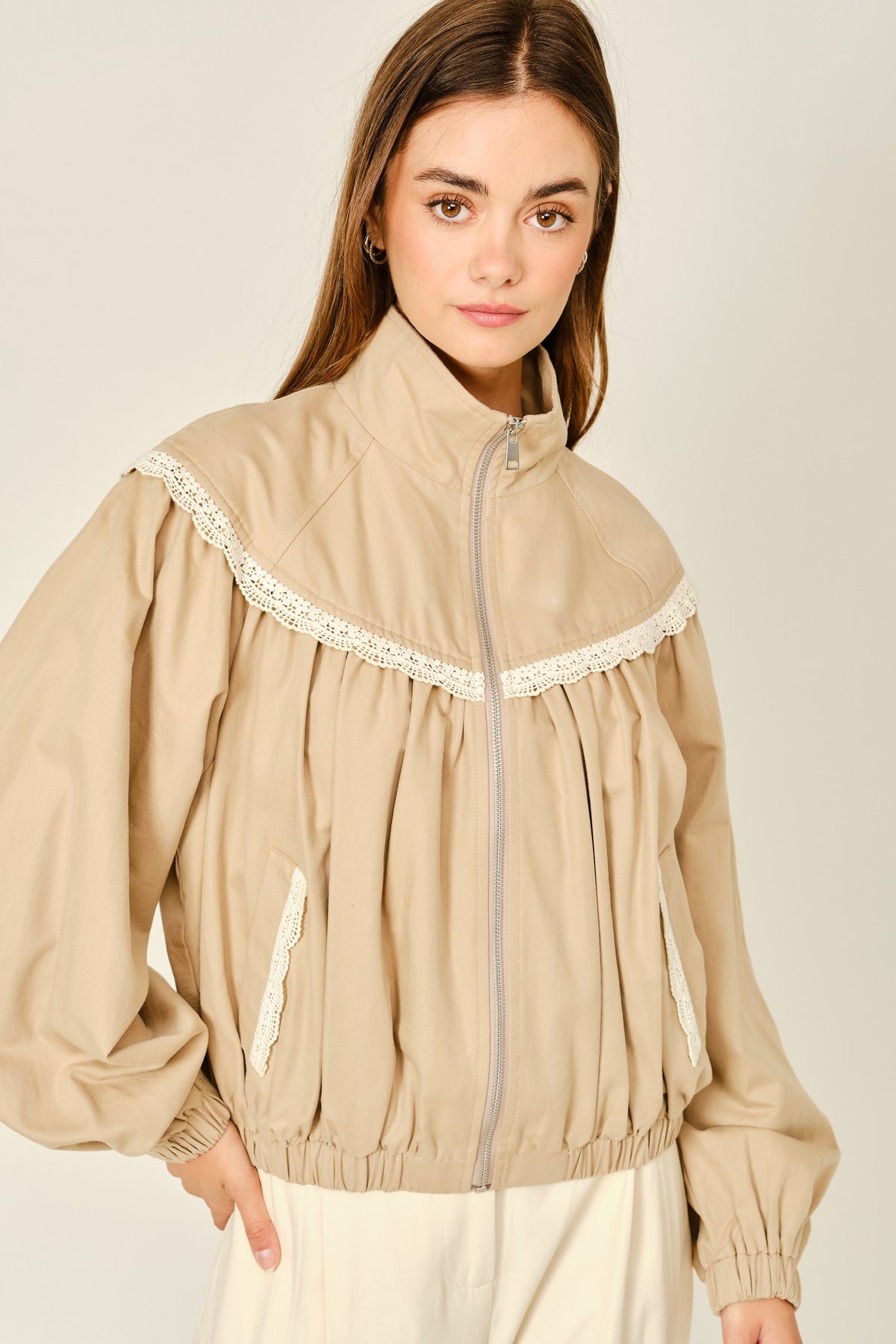 Tan Lace Trim Bomber Jacket