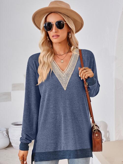 Crochet Contrast V-Neck Long Sleeve Slit T-Shirt by VYSN