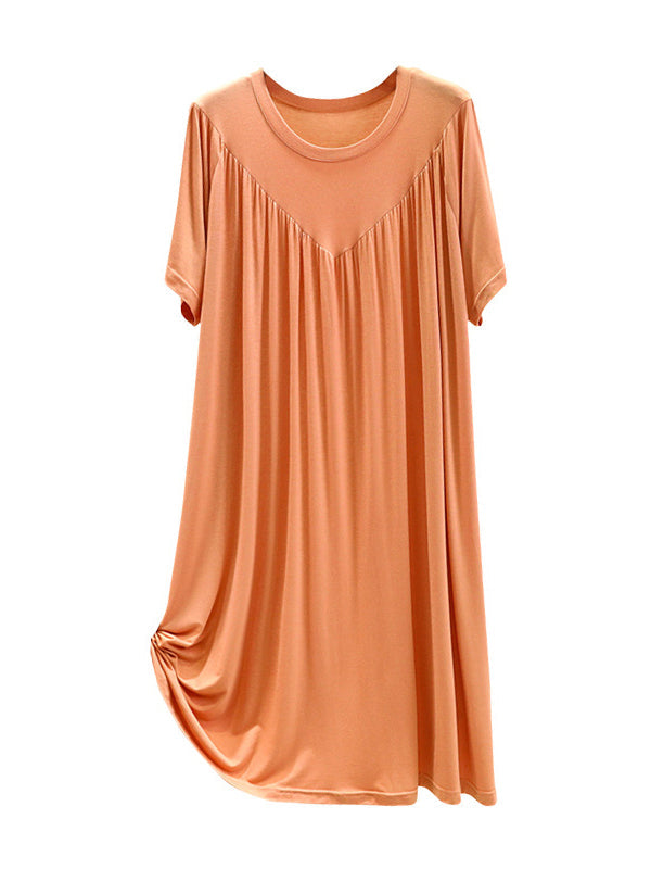 Loose Solid Color Pleated Modal Pajamas Dress by migunica