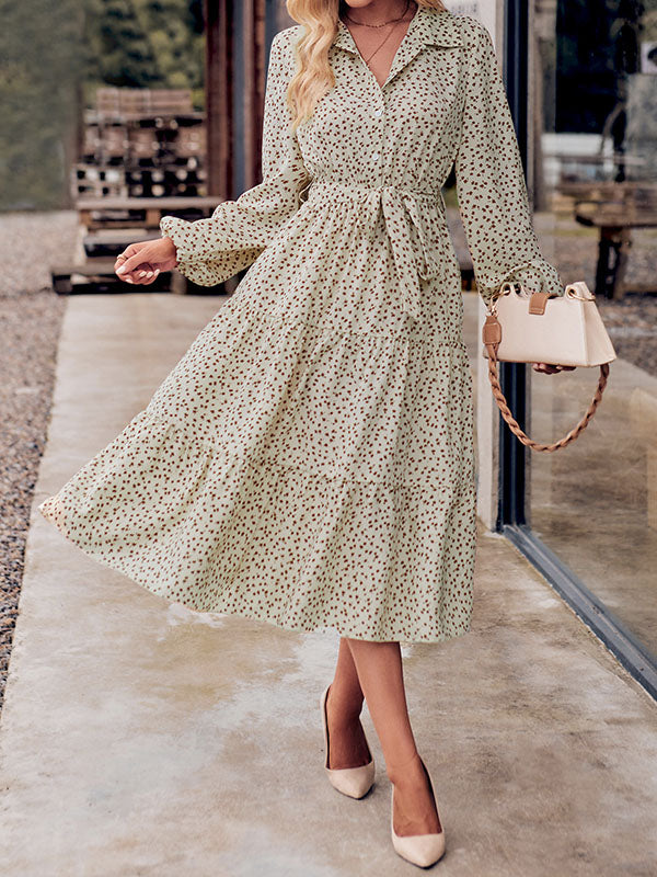 A-Line Long Sleeves Buttoned Flower Print Pleated Split-Joint Tied Waist Lapel Midi Dresses by migunica