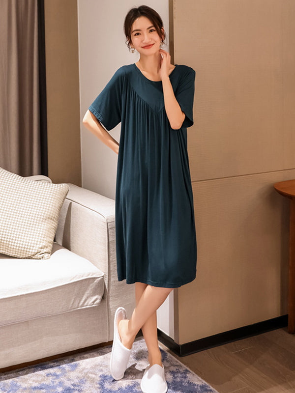 Loose Solid Color Pleated Modal Pajamas Dress by migunica