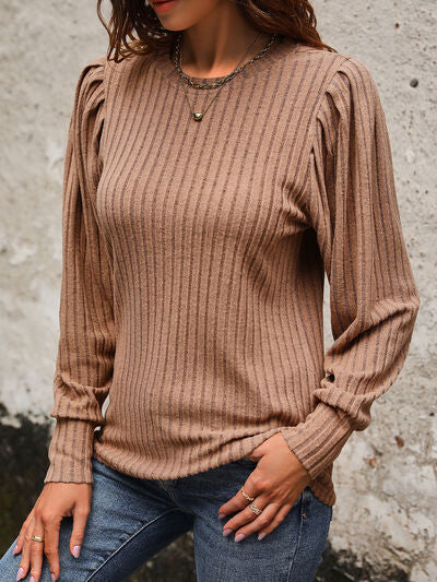 Ribbed Round Neck Long Sleeve T-Shirt by VYSN