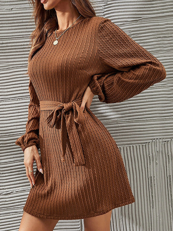 Long Sleeves Loose Hollow Solid Color Tied Waist Round-Neck Mini Dresses by migunica