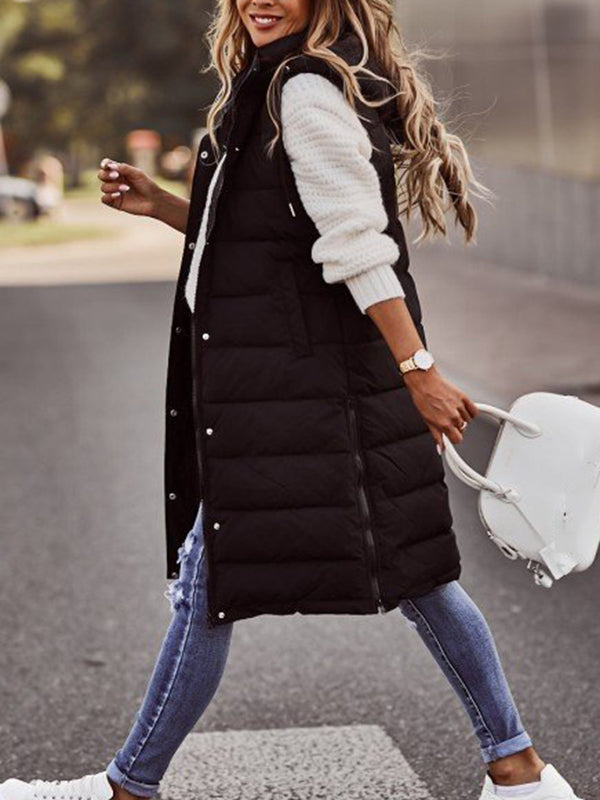 Hooded Sleeveless Buttoned Drawstring Keep Warm Solid Color Split-Joint Zipper Padded Coat Vest Outerwear by migunica