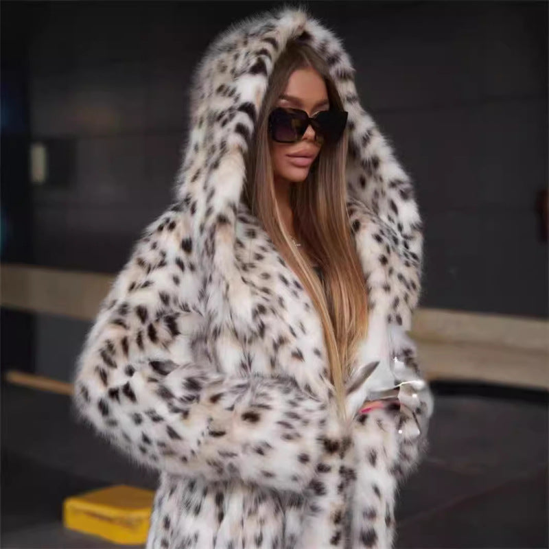 Women's leopard-print hooded imitation fur coat Toka long coat with thick warm mink trench coat