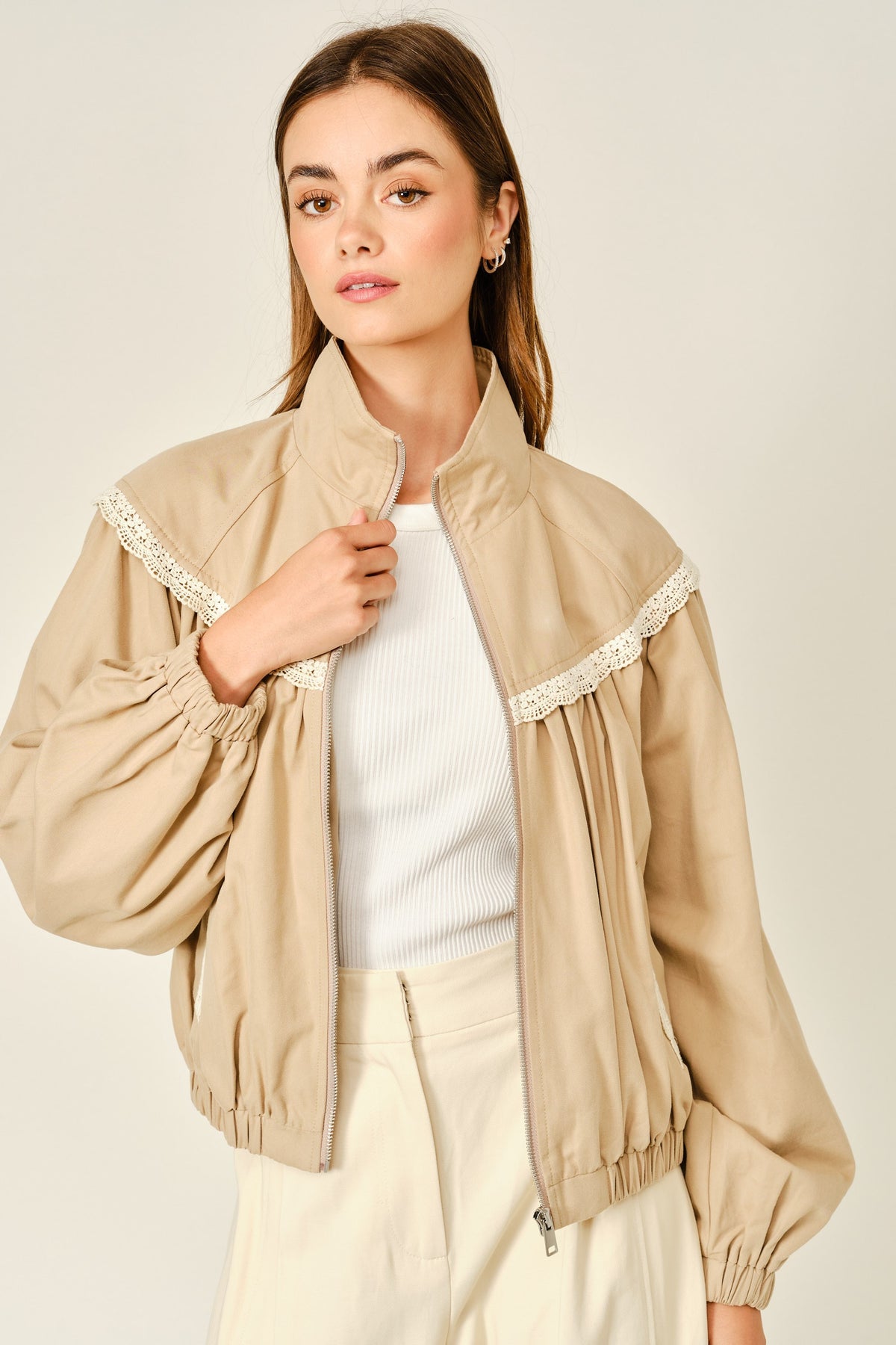 Tan Lace Trim Bomber Jacket