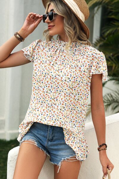 Ditsy Floral Mock Neck Short Sleeve T-Shirt by VYSN