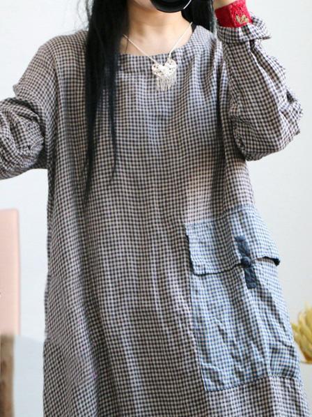 Loose Vintage Linen Plaid Round-neck Long Dress by migunica