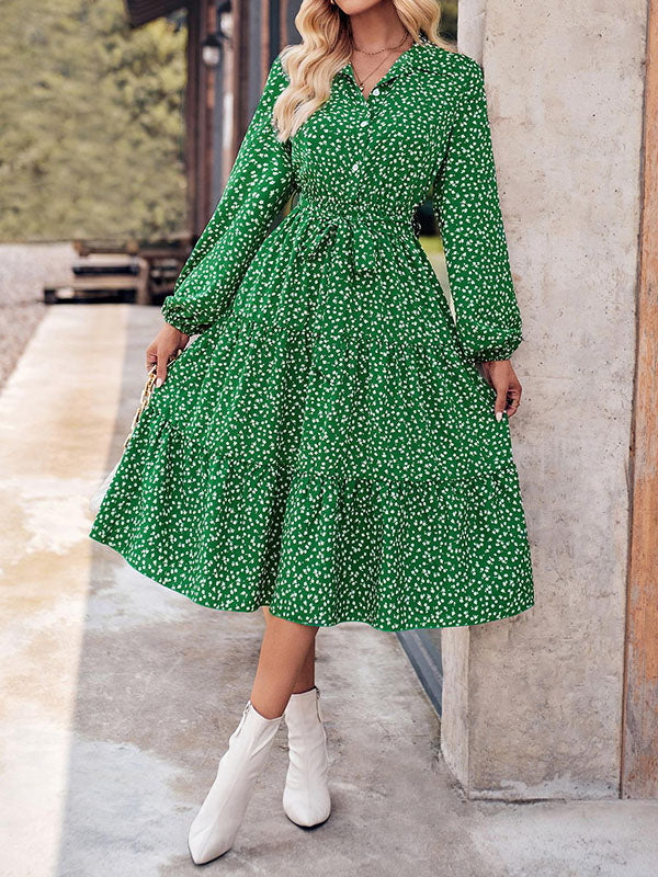 A-Line Long Sleeves Buttoned Flower Print Pleated Split-Joint Tied Waist Lapel Midi Dresses by migunica