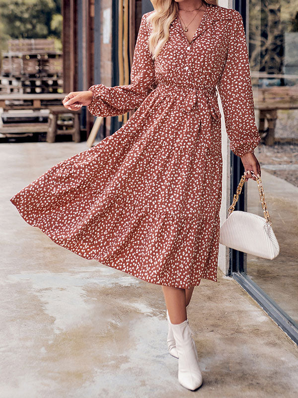 A-Line Long Sleeves Buttoned Flower Print Pleated Split-Joint Tied Waist Lapel Midi Dresses by migunica