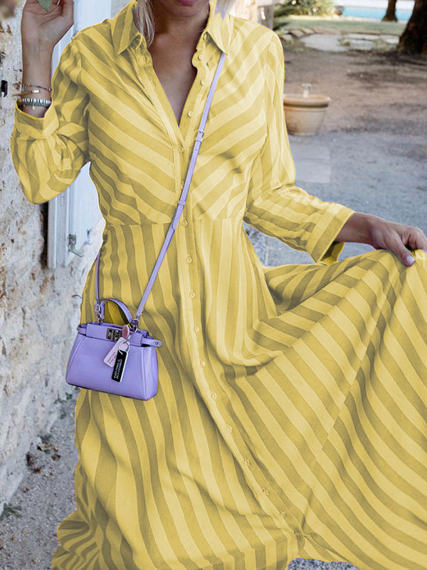 Stylish Long Sleeves Striped Lapel Collar Maxi Dresses by migunica