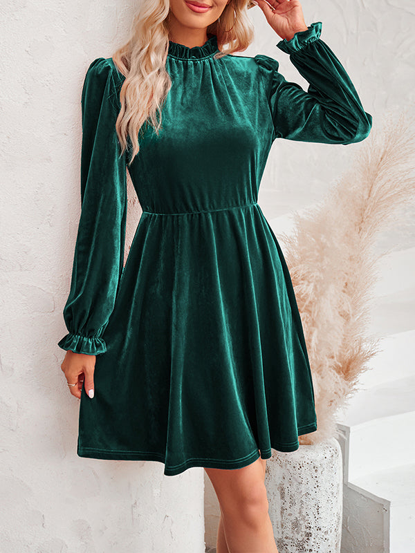 A-Line High Waisted Hollow Ruffled Solid Color Velvet Mock Neck Mini Dresses by migunica