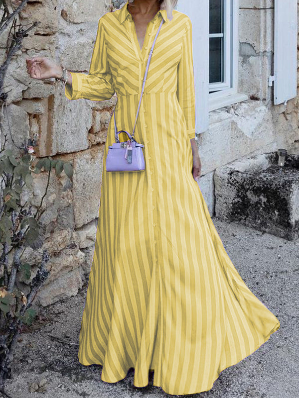 Stylish Long Sleeves Striped Lapel Collar Maxi Dresses by migunica