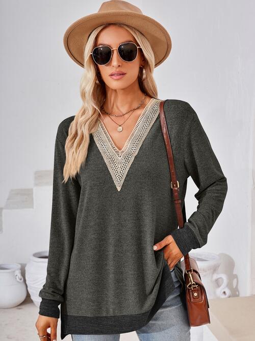 Crochet Contrast V-Neck Long Sleeve Slit T-Shirt by VYSN