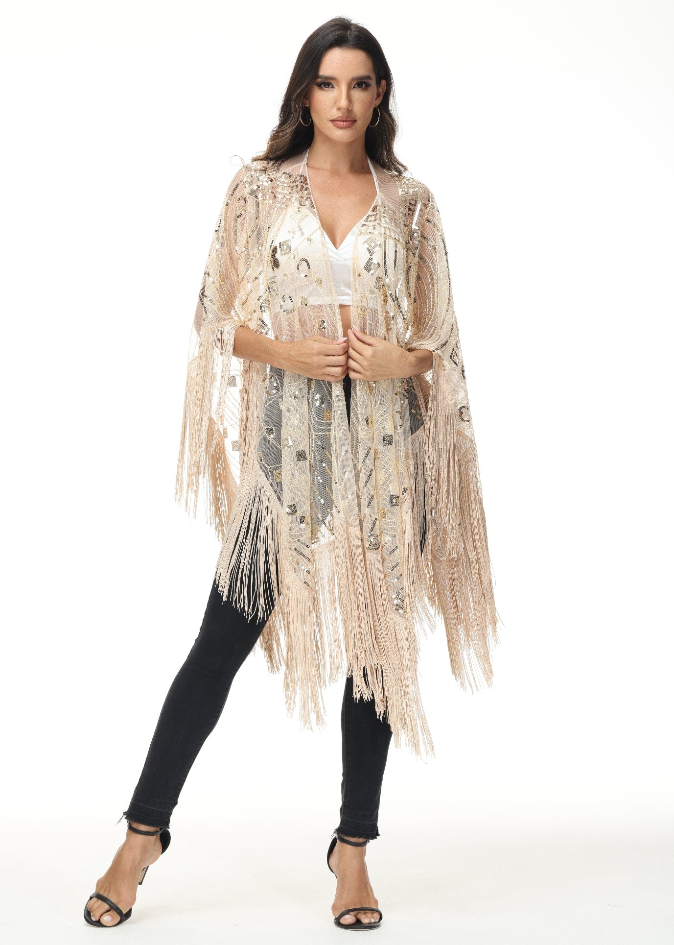 Anna-Kaci Womens Oversize Hand Beaded Fringed Sequin Evening Shawl Wrap by Anna-Kaci