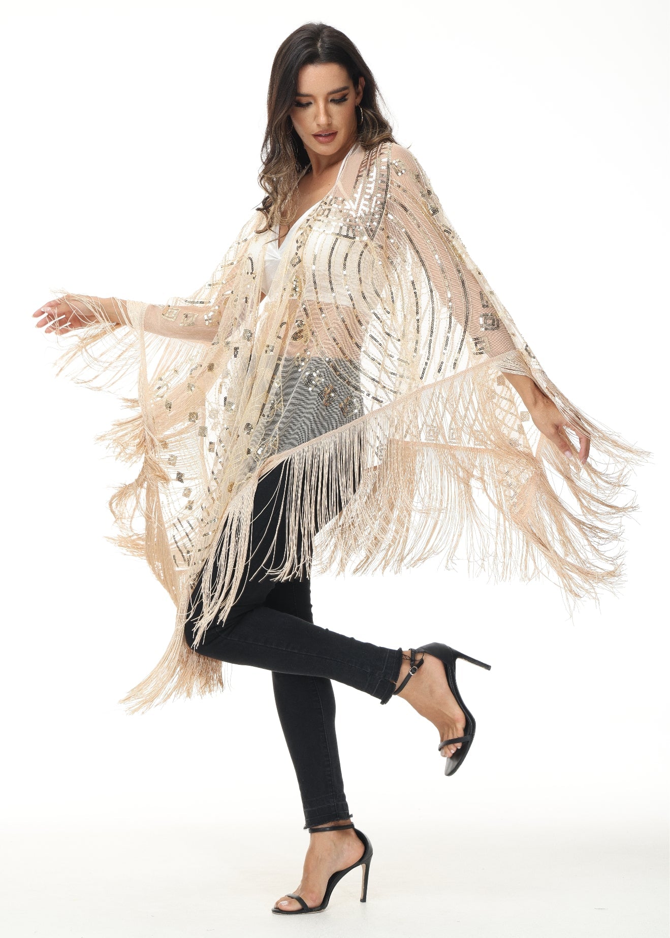 Anna-Kaci Womens Oversize Hand Beaded Fringed Sequin Evening Shawl Wrap by Anna-Kaci