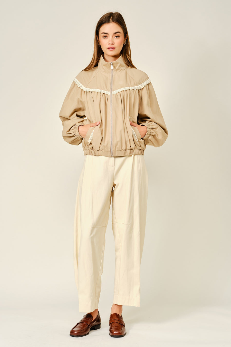 Tan Lace Trim Bomber Jacket