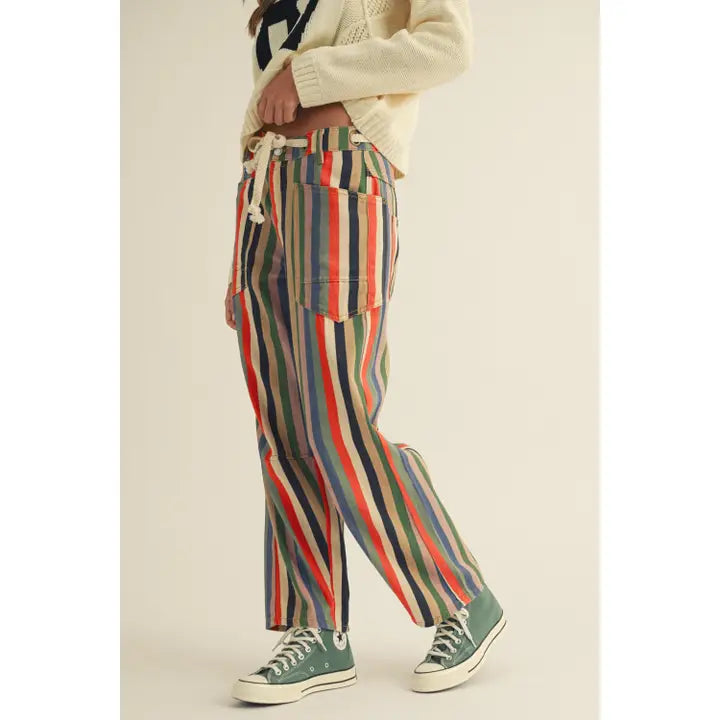 Washed Multi Stripes Rope String Relaxed Fit Pants