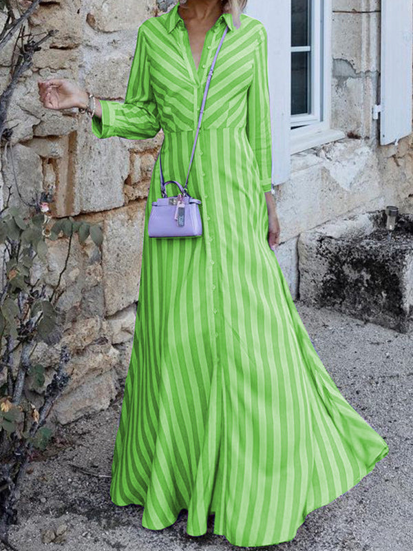 Stylish Long Sleeves Striped Lapel Collar Maxi Dresses by migunica