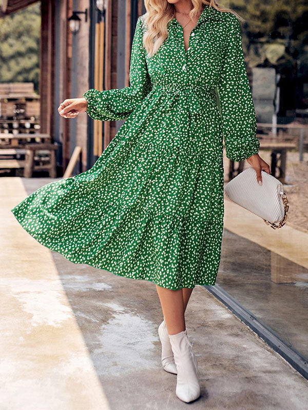 A-Line Long Sleeves Buttoned Flower Print Pleated Split-Joint Tied Waist Lapel Midi Dresses by migunica