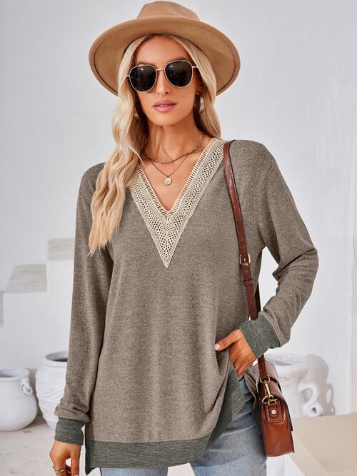 Crochet Contrast V-Neck Long Sleeve Slit T-Shirt by VYSN