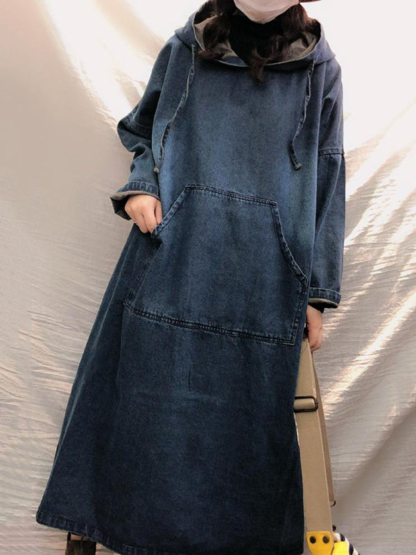 Vintage Loose Denim Drawstring Hooded Midi Dress by migunica