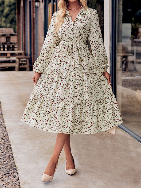 A-Line Long Sleeves Buttoned Flower Print Pleated Split-Joint Tied Waist Lapel Midi Dresses by migunica