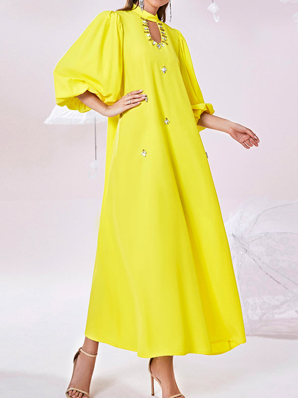 Bishop Sleeve Loose Hollow Rhine Stones Solid Color Mock Neck Maxi Dresses by migunica