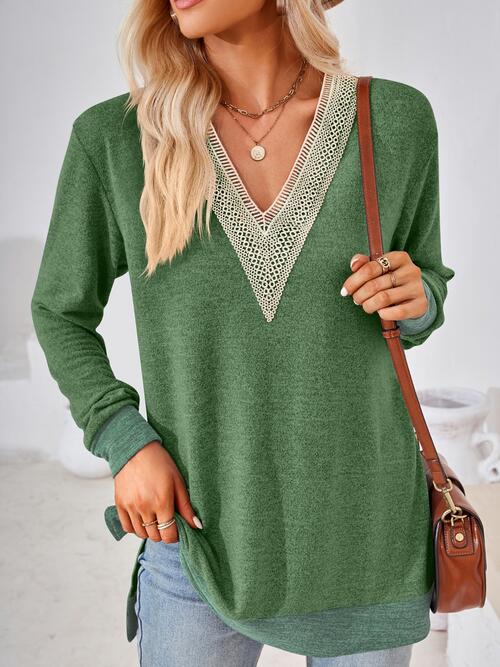 Crochet Contrast V-Neck Long Sleeve Slit T-Shirt by VYSN