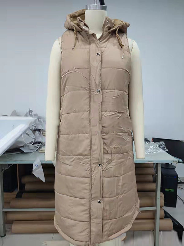 Hooded Sleeveless Buttoned Drawstring Keep Warm Solid Color Split-Joint Zipper Padded Coat Vest Outerwear by migunica