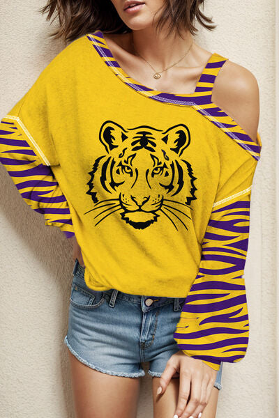 Tiger Graphic Asymmetrical Neck Long Sleeve T-Shirt by VYSN