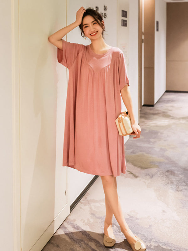 Loose Solid Color Pleated Modal Pajamas Dress by migunica