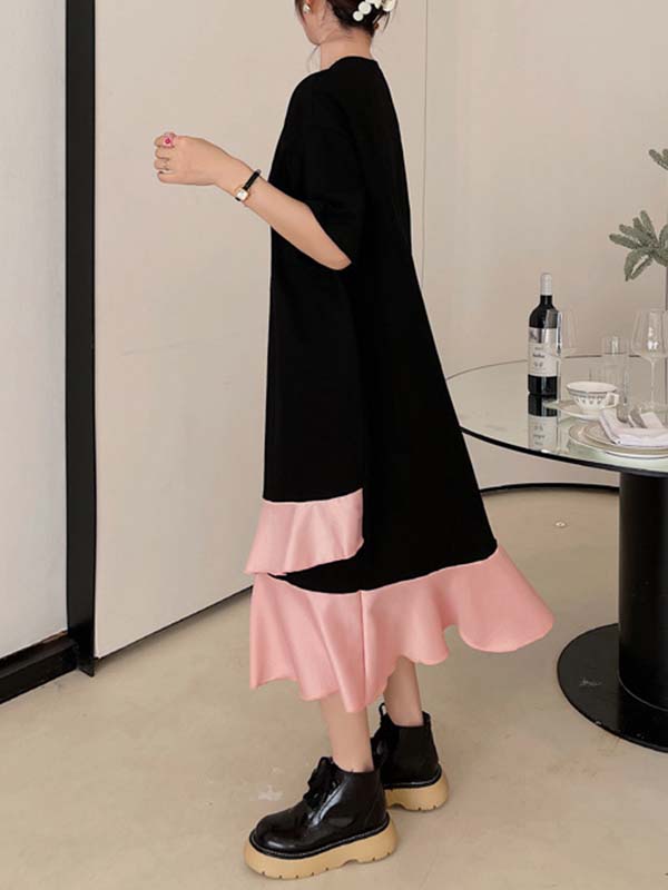 Casual Loose Short Sleeves Contrast Color Falbala Split-Joint Round-Neck Midi Dresses by migunica