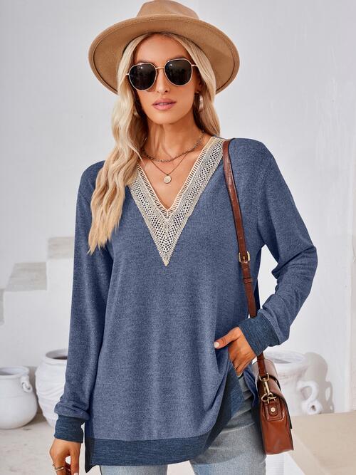 Crochet Contrast V-Neck Long Sleeve Slit T-Shirt by VYSN