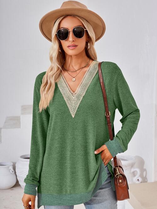 Crochet Contrast V-Neck Long Sleeve Slit T-Shirt by VYSN