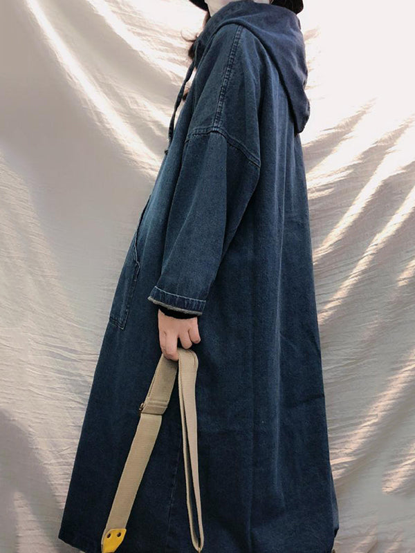 Vintage Loose Denim Drawstring Hooded Midi Dress by migunica