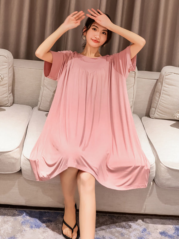 Loose Solid Color Pleated Modal Pajamas Dress by migunica