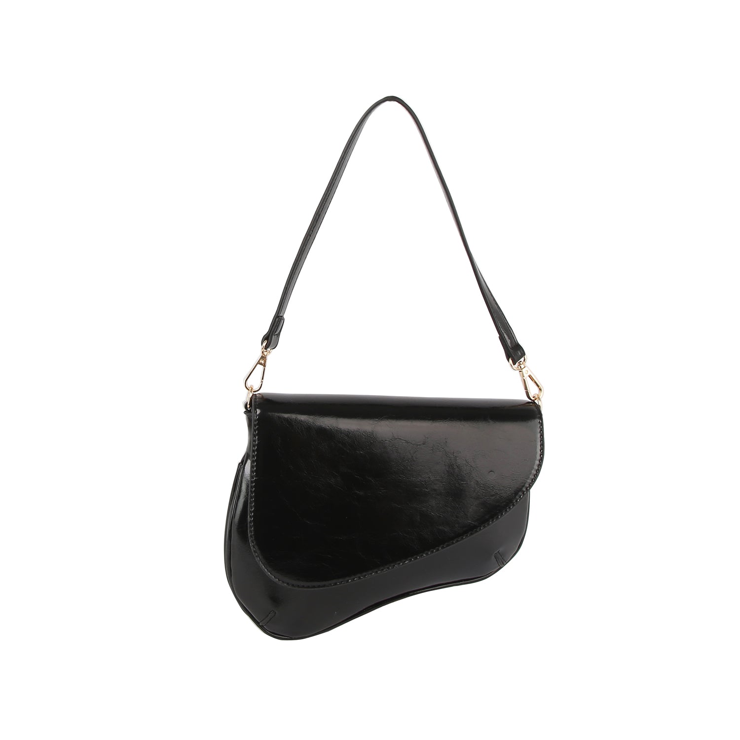 Unique design shiny leather saddle bag by Handbag Factory