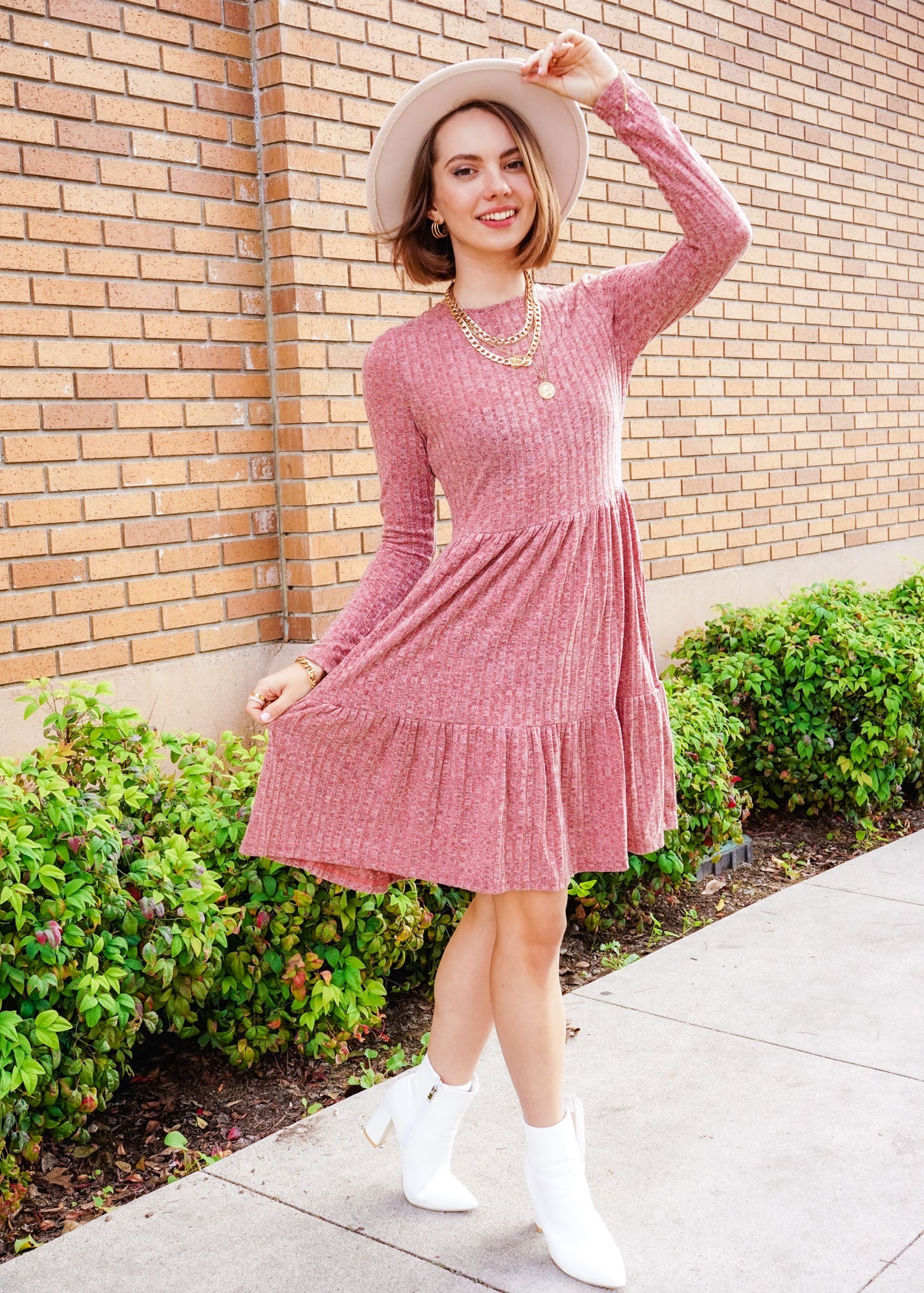 Ruffle Hem Solid A-line Rib Knit Dress by Knit and Lounge