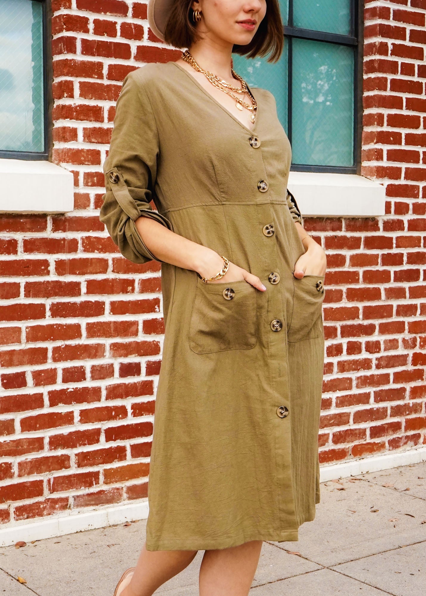 Roll Tab Sleeve Button Front Dual Pocket Dress by Knit and Lounge