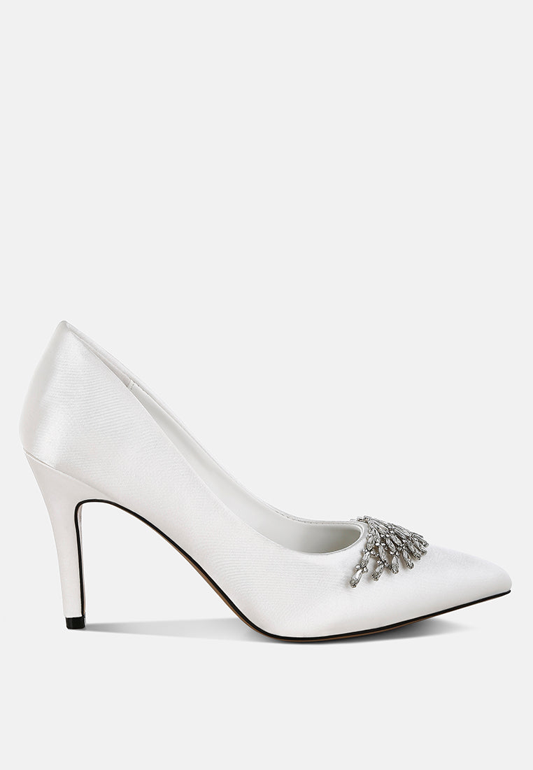 White Diamante Brooch Detail Satin Pumps by London Rag – satin pointed-toe pumps with a diamante brooch detail, stiletto heel, and cushioned insole, front view