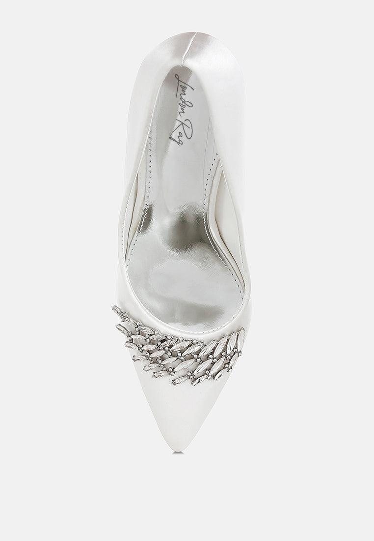 White Diamante Brooch Detail Satin Pumps by London Rag – satin pointed-toe pumps with a diamante brooch detail, stiletto heel, and cushioned insole, back view