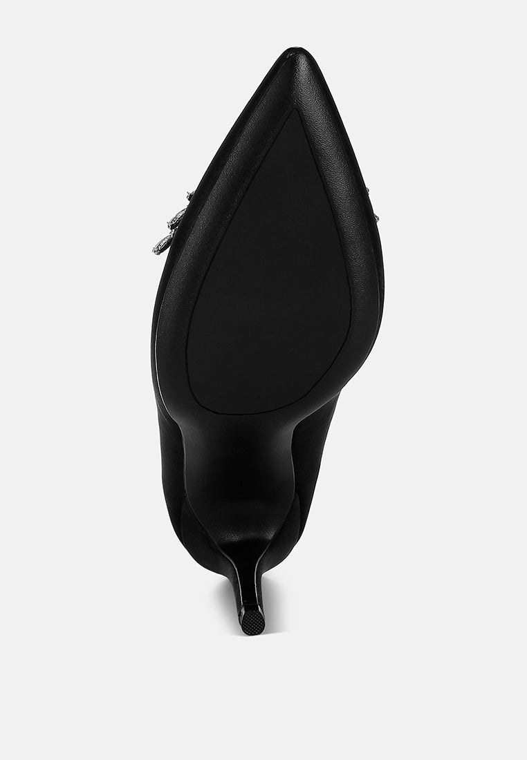 Black Diamante Brooch Detail Satin Pumps by London Rag – satin pointed-toe pumps with a diamante brooch detail, stiletto heel, and cushioned insole, close-up detail view