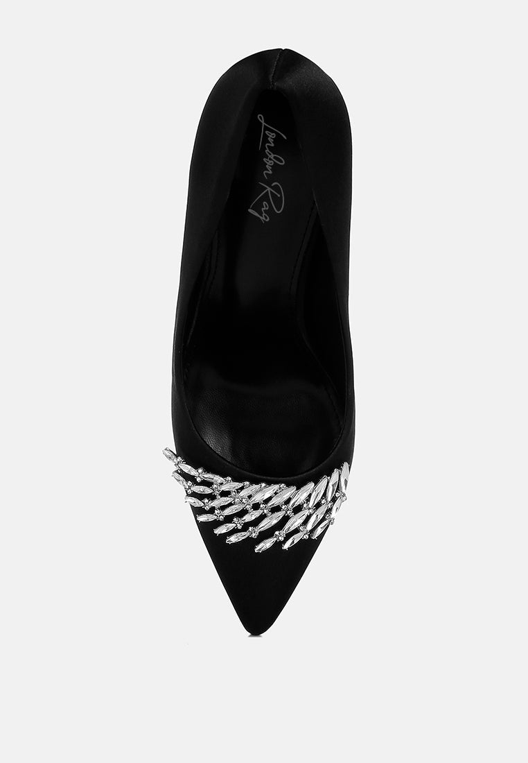 Black Diamante Brooch Detail Satin Pumps by London Rag – satin pointed-toe pumps with a diamante brooch detail, stiletto heel, and cushioned insole, back view