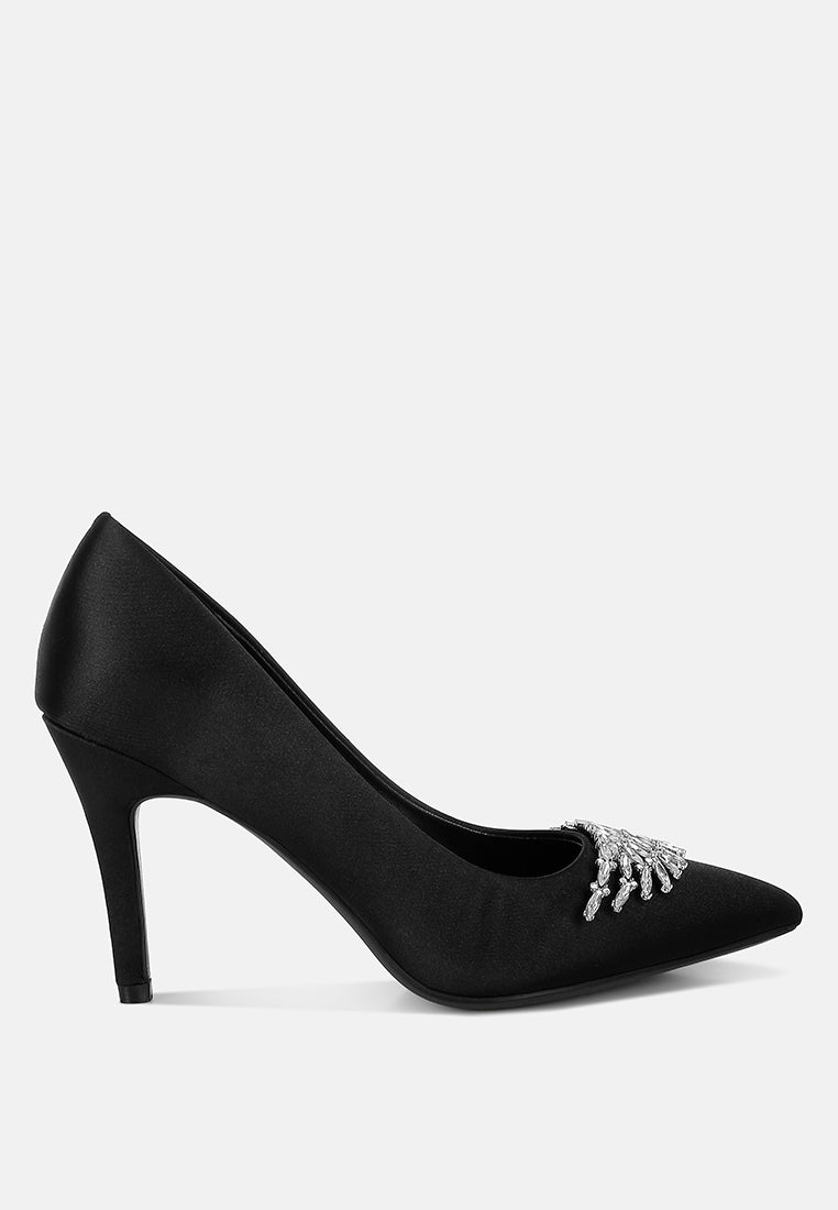 Black Diamante Brooch Detail Satin Pumps by London Rag – satin pointed-toe pumps with a diamante brooch detail, stiletto heel, and cushioned insole, front view